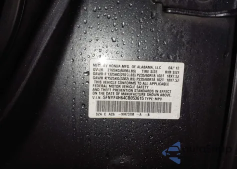 2012 Honda Pilot Ex-L from USA, damaged, VIN 5FNYF4H64CB053615